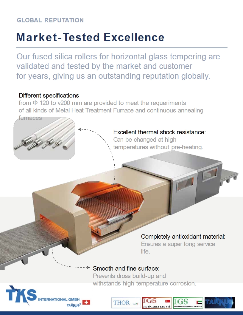 Market-Tested Excellence<br />Our fused silica rollers for horizontal glass tempering are validated and tested by the market and customer<br />for years, giving us an outstanding reputation globally.